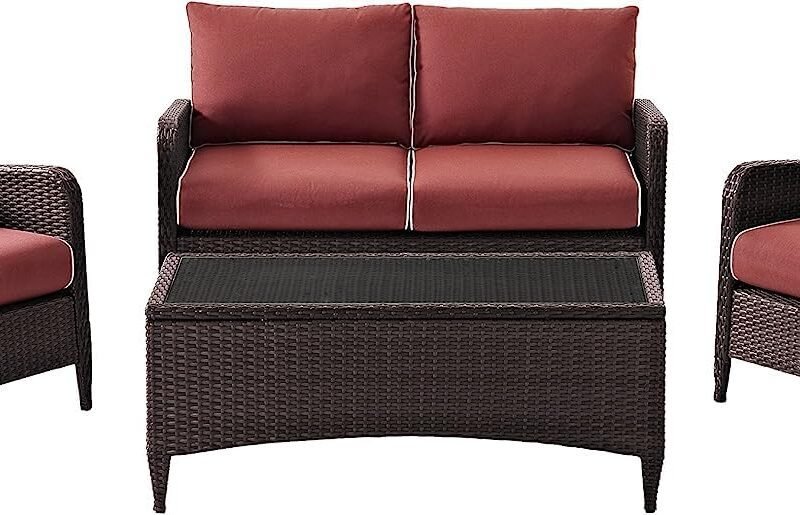DEVOKO 4 Pieces Outdoor Conversation Rattan Sectional Sofa Set (Dark Brown and Red) - Image 2