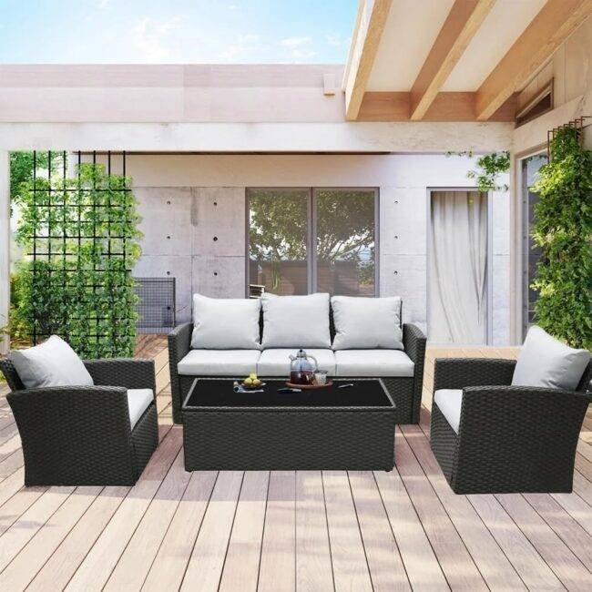 DEVOKO 4-Piece Rattan & Wicker Outdoor Patio Furniture Conversation Sofa Set (Black and Grey) - Image 5