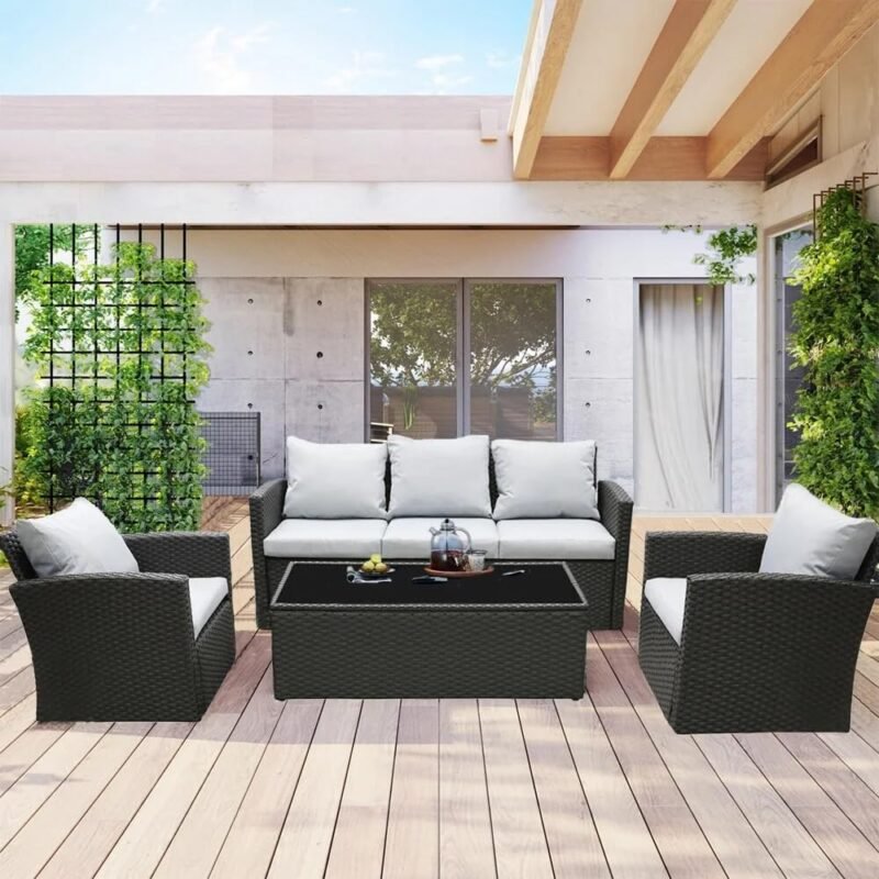 DEVOKO 4-Piece Rattan & Wicker Outdoor Patio Furniture Conversation Sofa Set (Black and Grey) - Image 5