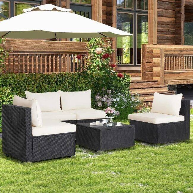 Rattan & Wicker Patio Sofa Set (Black/White) - Image 4