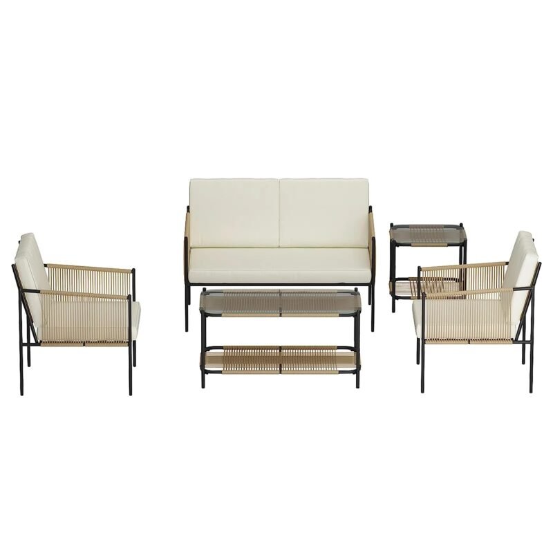 5PCS Rope Patio Furniture Set (Beige/White) - Image 4