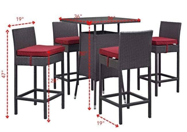 DEVOKO 5 Piece Patio Heighted Wicker Bar Set Outdoor Furniture(Dark Brown & Red) - Image 2