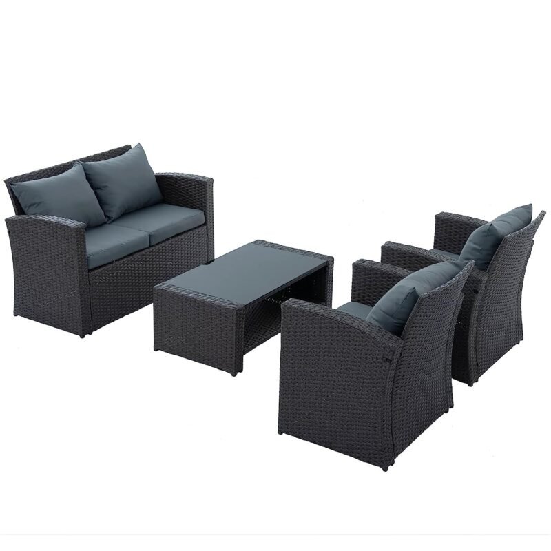 4 Piece Waterproof Rattan Furniture Set (Black/Grey) - Image 5