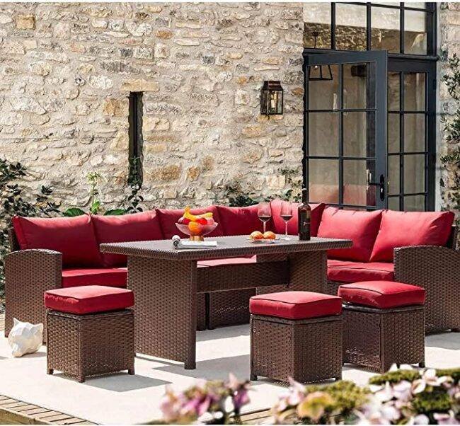 DEVOKO 7-Piece Outdoor Patio Furniture Set - Dark Brown & Red - Image 5