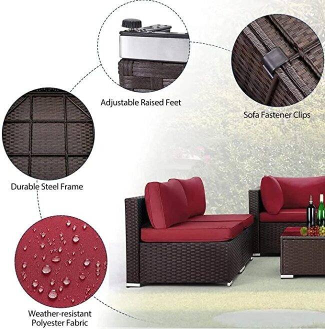 Devoko 5PCS Rattan Outdoor Conversation Sofa Set with Cushioned Seats & Center Table: Dark Brown & Red - Image 3