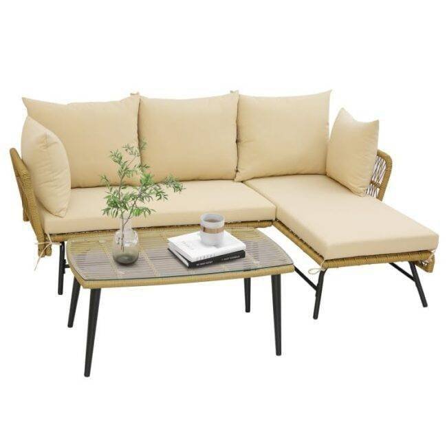 DEVOKO Patio Furniture Set L-Shaped Rope Woven Outdoor Sectional (Beige and Cream) - Image 5