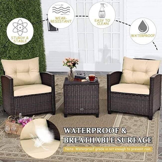 Devoko 3-Piece Outdoor Rattan Wicker Patio Furniture Set (Dark Brown & Cream) - Image 6