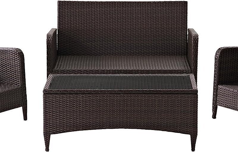DEVOKO 4 Pieces Outdoor Conversation Rattan Sectional Sofa Set (Dark Brown and Red) - Image 5