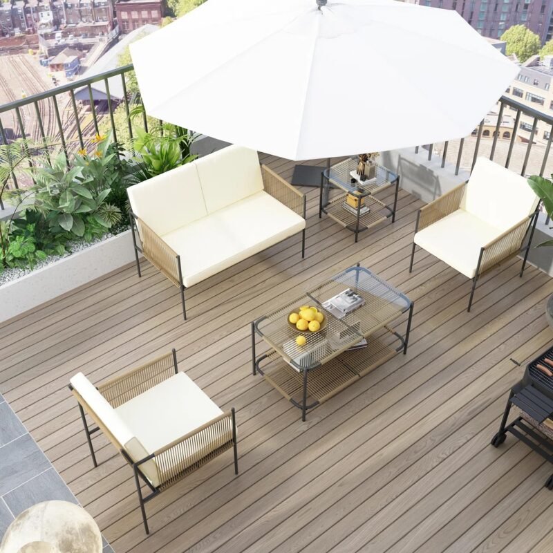 5PCS Rope Patio Furniture Set (Beige/White) - Image 5