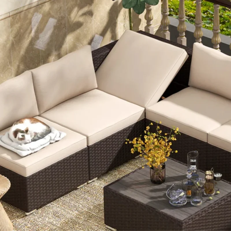 DEVOKO Outdoor Sectional Wicker Patio Furniture (Dark Brown & Cream) - Image 4