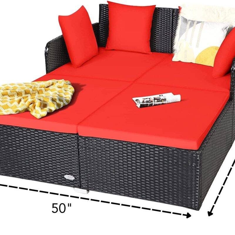 DEVOKO Rattan Daybed Patio Loveseat Sofa Set (Black & Red) - Image 2