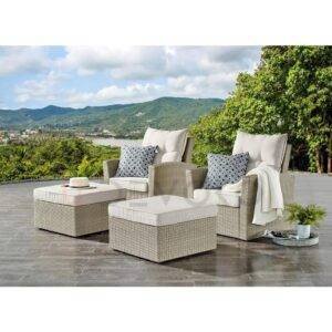 DEVOKO 4-Piece Rattan Garden Set: with Beige Wicker & White Cushions