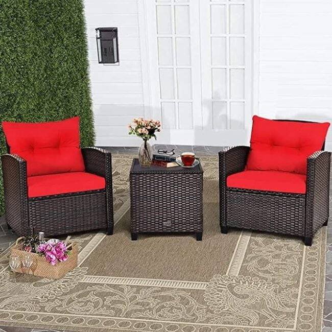 Devoko 3-Piece Wicker Bistro Patio Set (Dark Brown/Red)