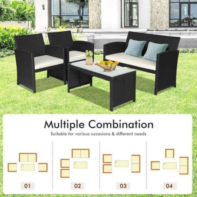 DEVOKO 4PCS Outdoor Patio Rattan Furniture Set (Black and White) - Image 6