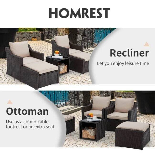 DEVOKO 5-Piece Patio Furniture Set with Cushions & Table (Dark Brown/Cream) - Image 4