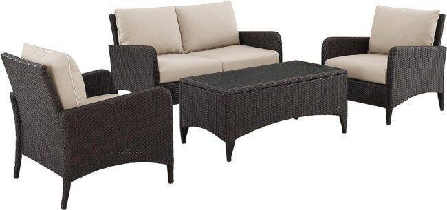 DEVOKO 4 Pieces Outdoor Conversation Rattan Sectional Sofa Set (Dark Brown and Cream) - Image 5