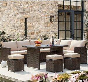 DEVOKO All-Weather Wicker Sofa Set with Ottomans and Table: Dark Brown & Cream