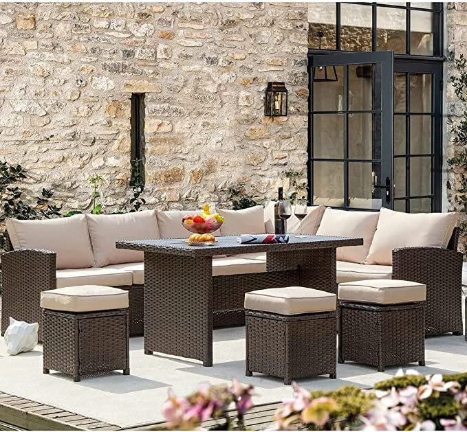 DEVOKO All-Weather Wicker Sofa Set with Ottomans and Table: Dark Brown & Cream