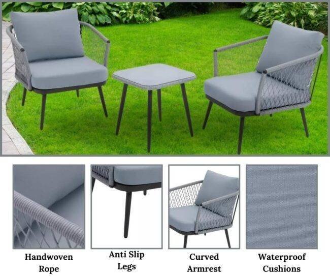 Rope Chairs with Cushions & Center Table (Grey) - Image 5