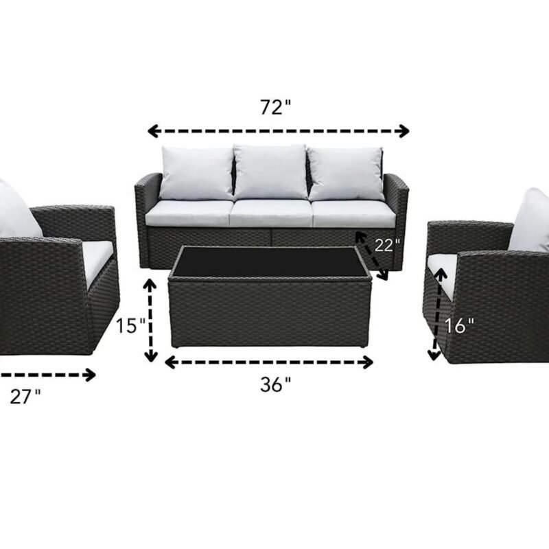 DEVOKO 4-Piece Rattan & Wicker Outdoor Patio Furniture Conversation Sofa Set (Black and Grey) - Image 2