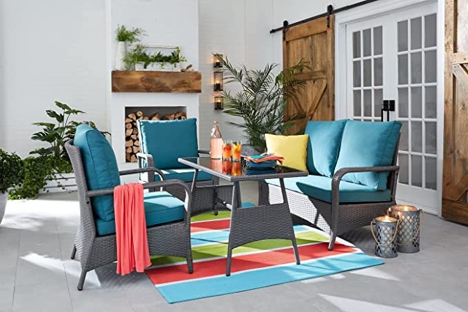 Devoko 4-Piece Outdoor Wicker Sofa Set with Center Table (Grey & Sky-blue)