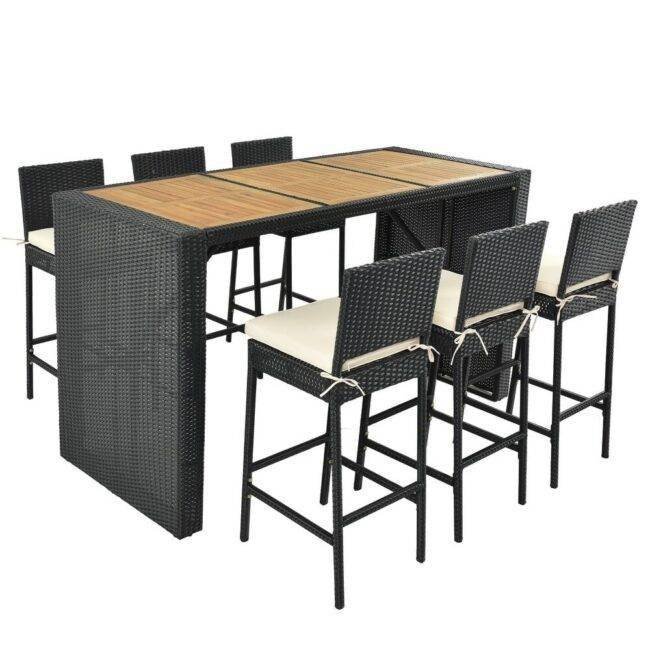 DEVOKO 7-Piece Outdoor Patio Rattan Bar Set (Black and Cream) - Image 7