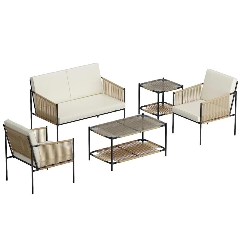 5PCS Rope Patio Furniture Set (Beige/White) - Image 7