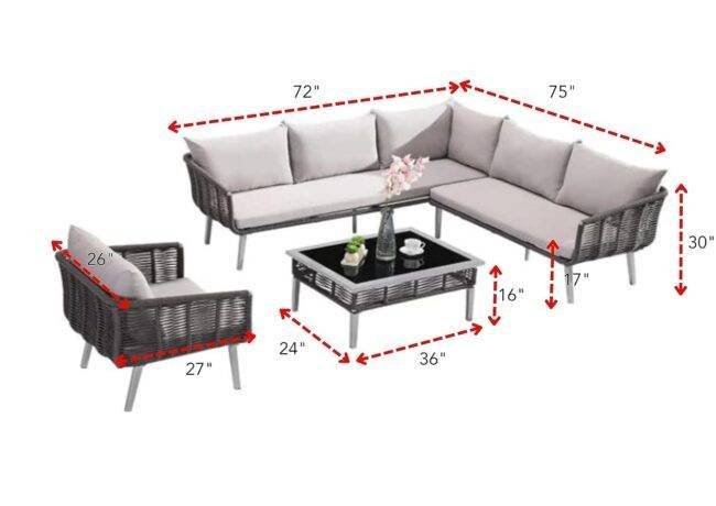 DEVOKO Rope L Shape Sofa Set 4-Pcs (Brown/Off-White) - Image 3