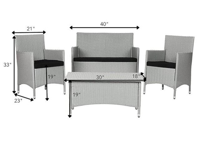 4-piece White & Black Rattan Patio Furniture Set with Cushions & Glass Table - Image 2