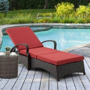 DEVOKO Outdoor Rattan Foldable Lounger: Dark Brown/Red