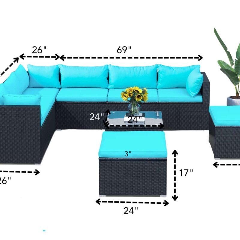 DEVOKO 5-Piece Outdoor Wicker Furniture Set Modern Outdoor L-Shaped Couch (Black & Turquois Blue) - Image 2