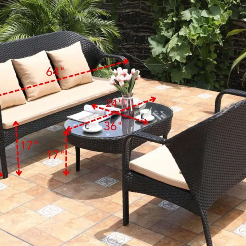 DEVOKO 3 PCS Outdoor Patio Rattan Wicker Furniture Sofa Set(Dark Brown & Cream) - Image 2