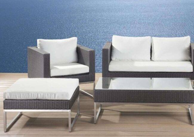 DEVOKO 5 PCS Outdoor Patio Sofa Set All-Weather Wicker & Coffee Table (Dark Brown & White) - Image 3