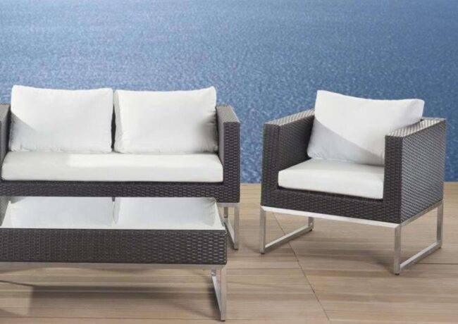 DEVOKO 5 PCS Outdoor Patio Sofa Set All-Weather Wicker & Coffee Table (Dark Brown & White) - Image 4