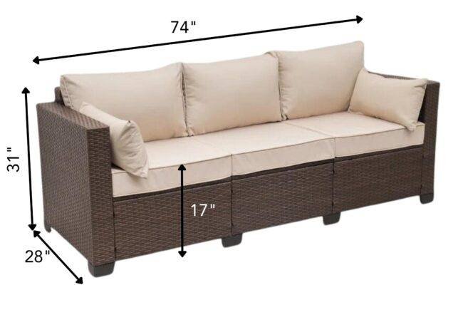 Dark Brown & Cream 3-Seater Patio Wicker Sofa (High Back, Non-Slip Cushioned) - Image 2