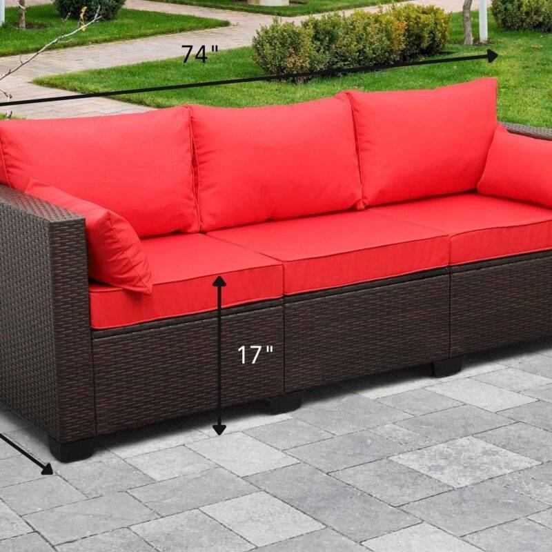 Dark Brown Red 3-Seater Patio Wicker Sofa (High Back, Non-Slip Cushioned) - Image 2