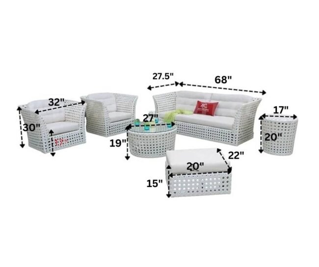 6 piece Rattan & Wicker Sofa, Outdoor Furniture conversation Set (White) - Image 2