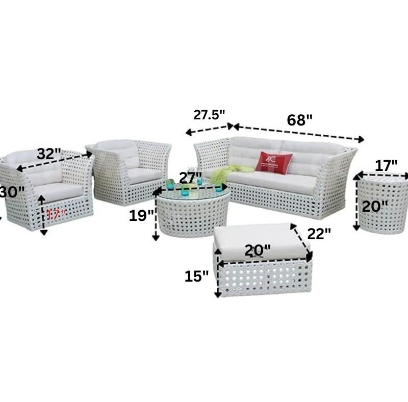 6 piece Rattan & Wicker Sofa, Outdoor Furniture conversation Set (White) - Image 2