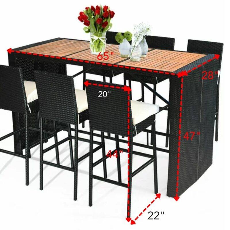DEVOKO 7 Piece Patio Table and Chairs, All Weather Wicker Outdoor Furniture Bar Set (Black & White) - Image 2