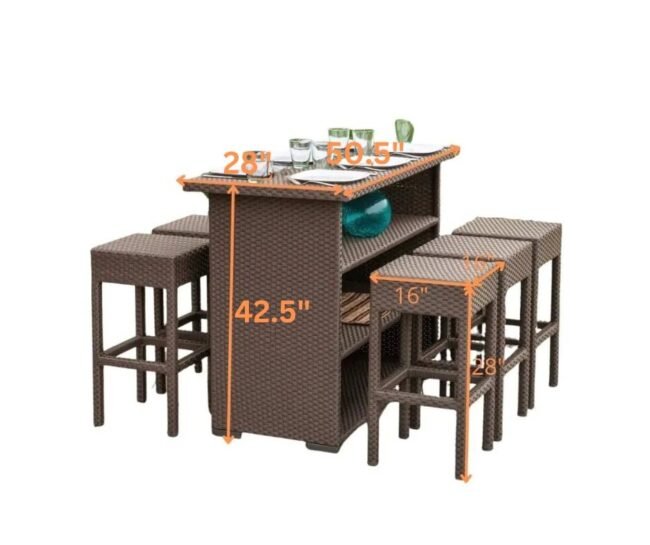 Coffee Brown 7PCS Wicker Bar Table Set - Outdoor Patio Furniture - Image 2