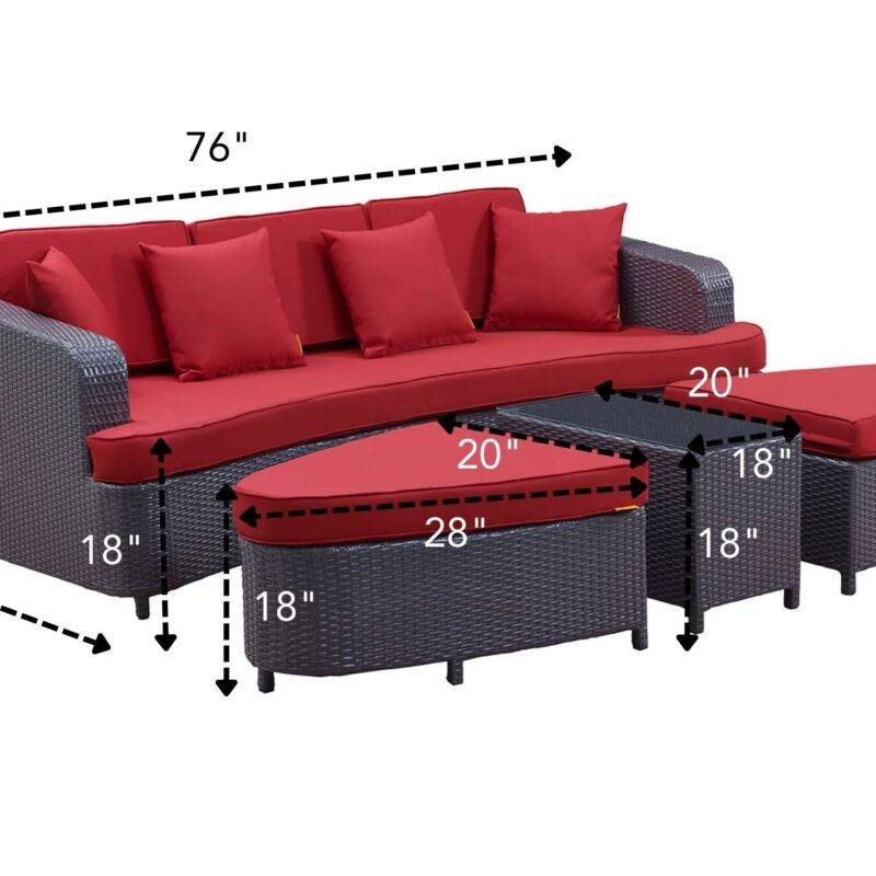 4 Pieces Sectional Patio Furniture Outdoor Daybed Set (Dark Brown and Red) - Image 2