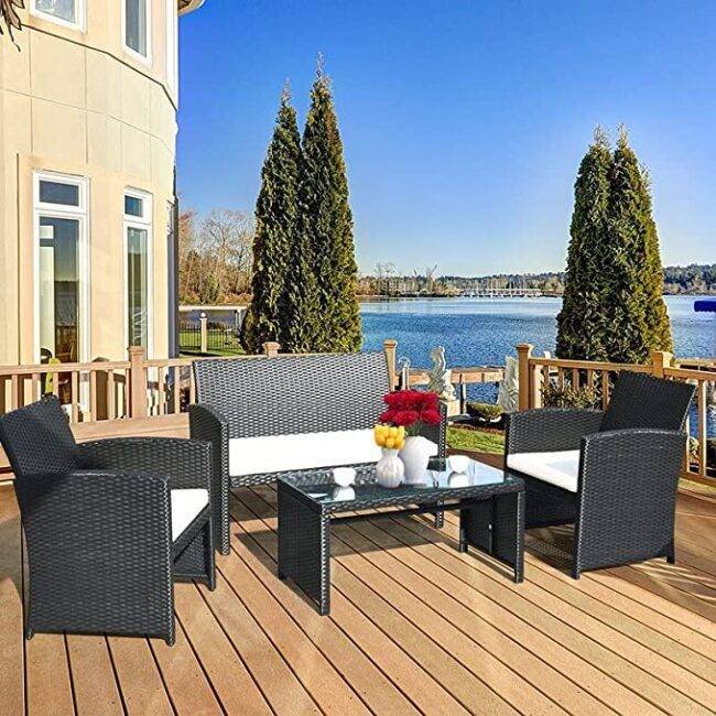Devoko 4-Piece Outdoor Rattan Sofa Set with Center Table (Black & White)
