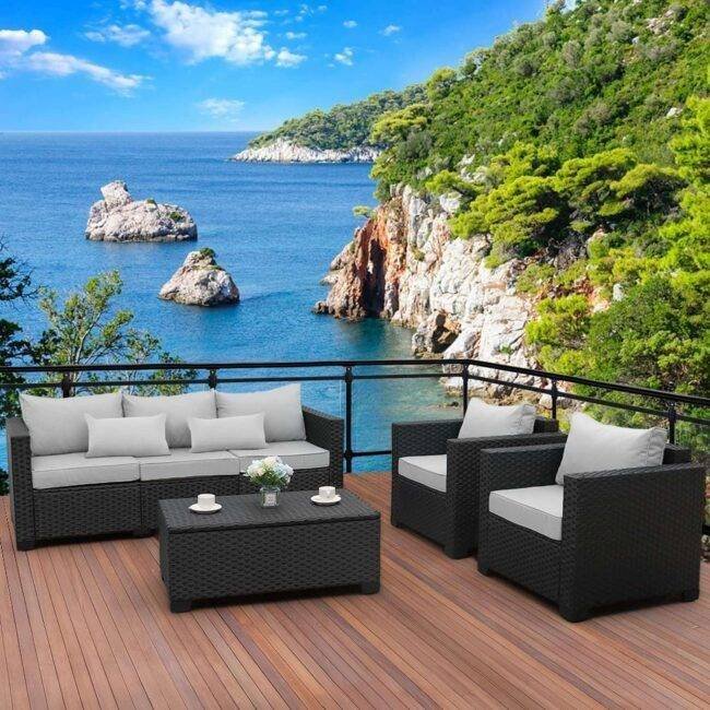 Black Wicker Outdoor Rattan Conversation 5 Seater Sofa Set - Image 3