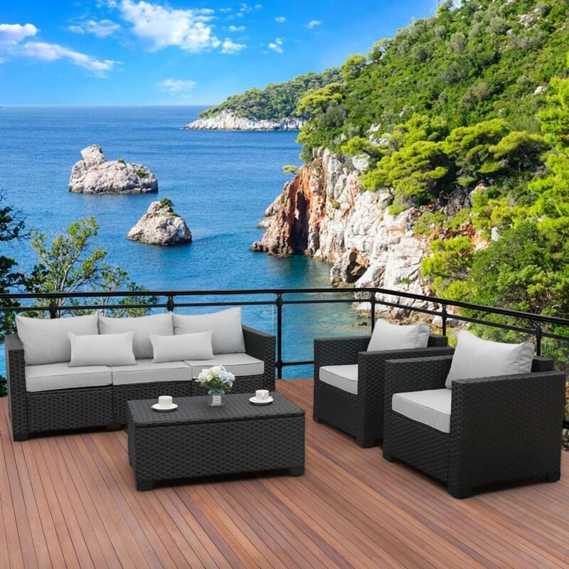 Black Wicker Outdoor Rattan Conversation 5 Seater Sofa Set - Image 3