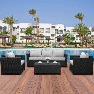 Black Wicker Outdoor Rattan Conversation 5 Seater Sofa Set