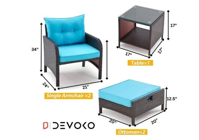 5-Piece Patio Furniture Set with Ottoman & Table in Dark Brown & Sky Blue - Image 2