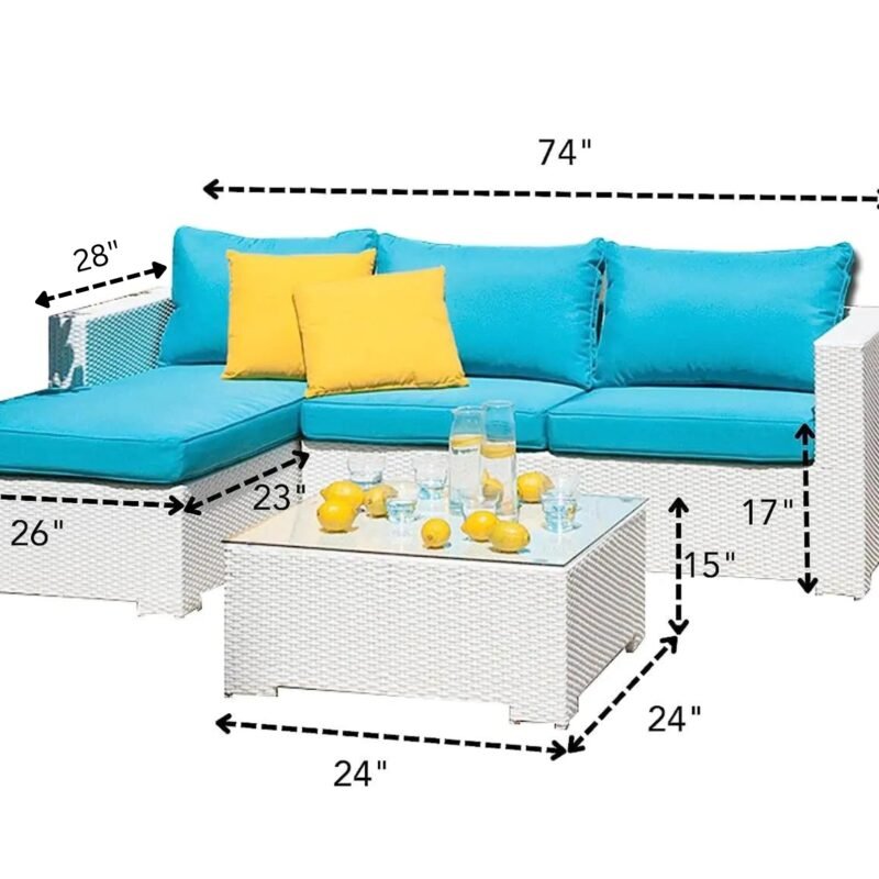 3 Piece Rattan Sectional Sofa Set (White/Turquoise) - Image 2