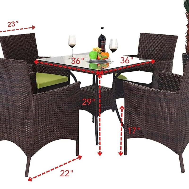5-Piece Wicker Patio Dining Furniture Set with Seat Cushion(Dark Brown and Green) Table Without Glass Top - Image 2