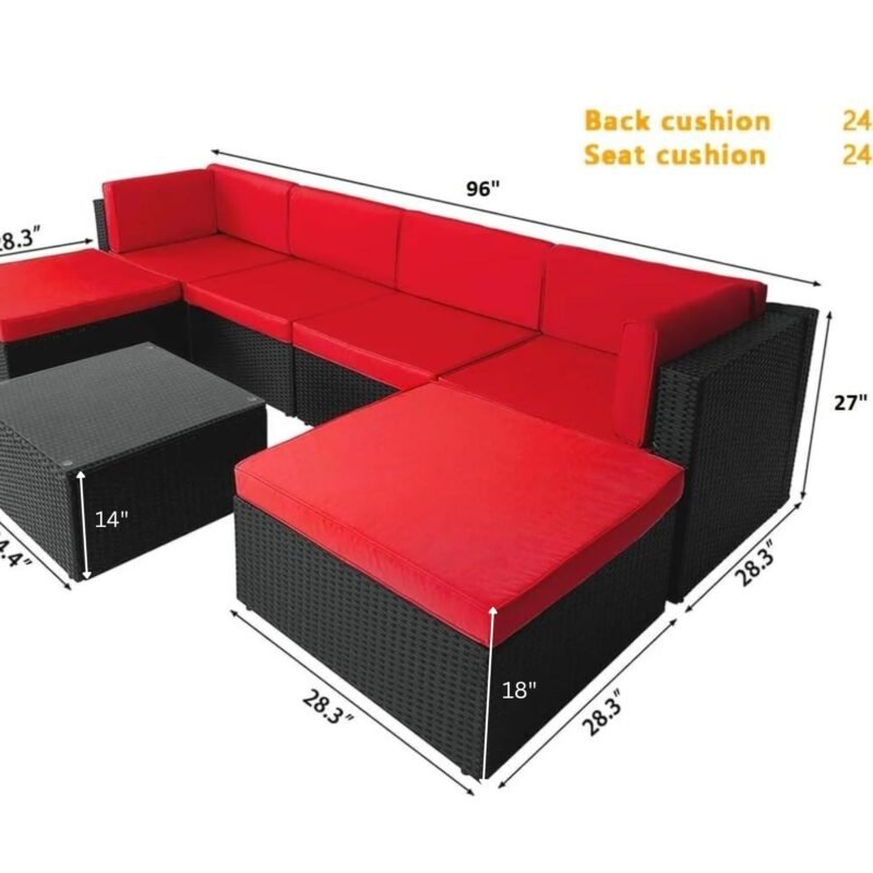 7-Piece Rattan & Wicker Sectional Set (Black/Red) - Image 2