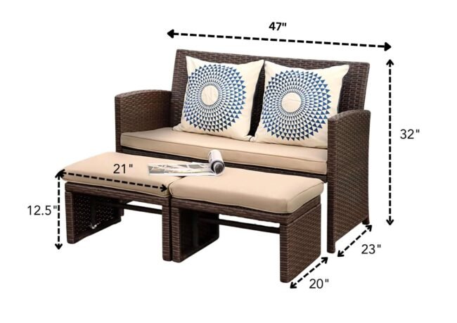 DEVOKO 3-Piece Wicker Patio Set with Ottoman for Comfort & Style (Dark Brown & Cream) - Image 2